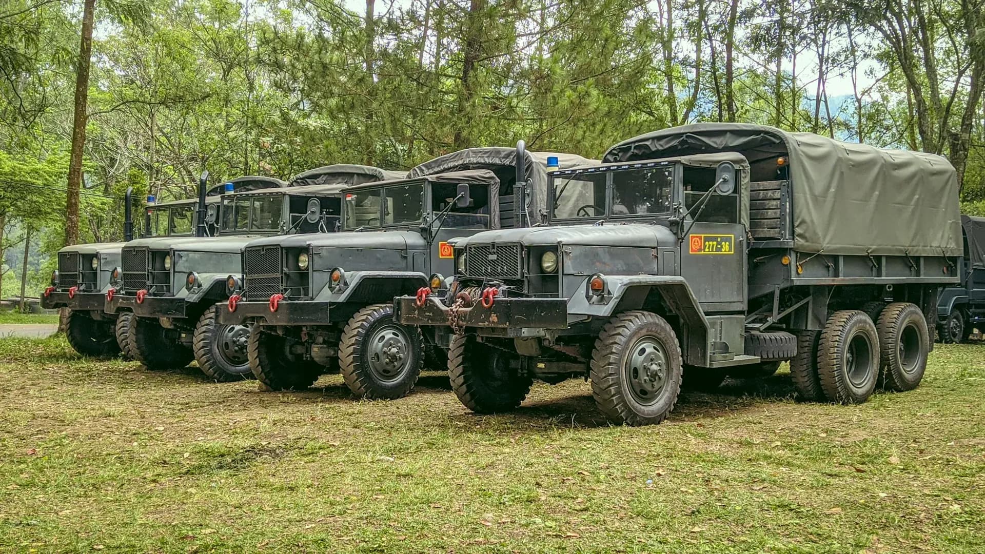 Military trucks lined up, ready to set off
